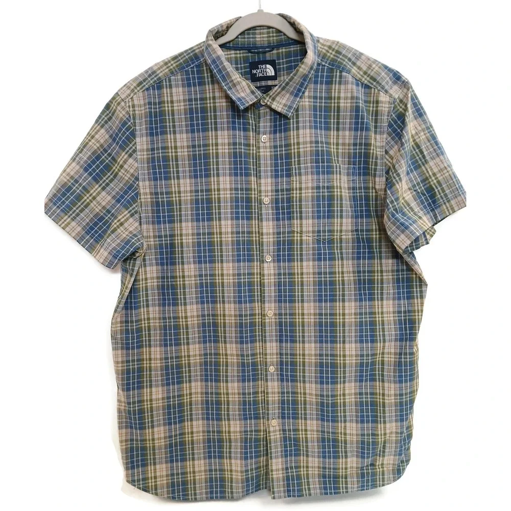 The North Face Shirt Mens 2XL Blue Green Plaid‎ Short Sleeve Button Down Hiking